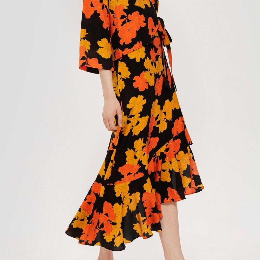Topshop Skirt Midi Skirt Floral Asymmetrical Ruffle Boho Women’s Size 8